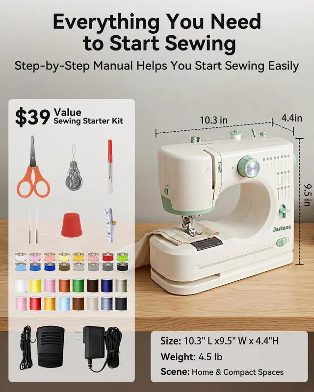 Alt view image 4 of 7 - Sewing Machine for Beginners, 16 Stitches, Portable for Home Use | 38Pcs Sewing Kit, Twin Needle, 2 Speed, Tutorial Video, Storage Drawer, Compact Design, DIY & Clothing Repair, Green