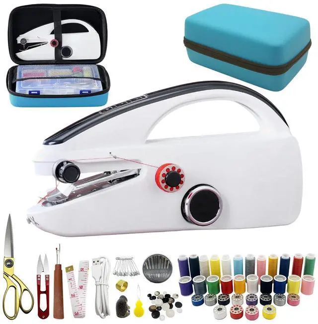 Main image of Handheld Sewing Machine Heavy Duty, with Blue Leather Storage Case and 110-Piece Sewing Kit, Mini Portable, Ideal for Adults & Beginners, Complete Set of Quick Home Clothing Repair Tools, Good Gift