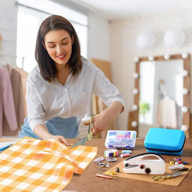 Alt view image 2 of 7 - Handheld Sewing Machine Heavy Duty, with Blue Leather Storage Case and 110-Piece Sewing Kit, Mini Portable, Ideal for Adults & Beginners, Complete Set of Quick Home Clothing Repair Tools, Good Gift