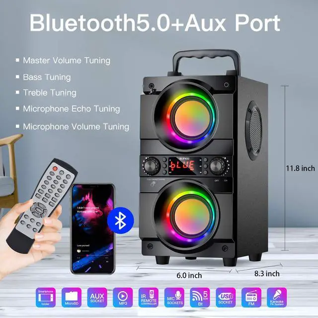 Alt view image 2 of 7 - 60W (80W Peak) Portable Bluetooth Speaker with Double Subwoofer Heavy Bass, Bluetooth 5.0 Wireless 100ft Outdoor Speaker, Support FM Radio, LED Colorful Lights, Stereo Sound, for Home, Party, Travel
