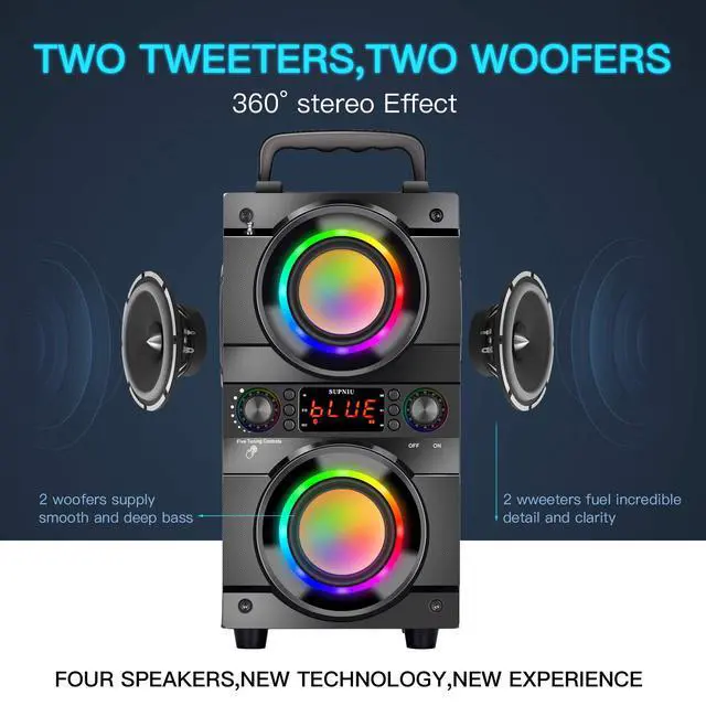 Alt view image 4 of 7 - 60W (80W Peak) Portable Bluetooth Speaker with Double Subwoofer Heavy Bass, Bluetooth 5.0 Wireless 100ft Outdoor Speaker, Support FM Radio, LED Colorful Lights, Stereo Sound, for Home, Party, Travel