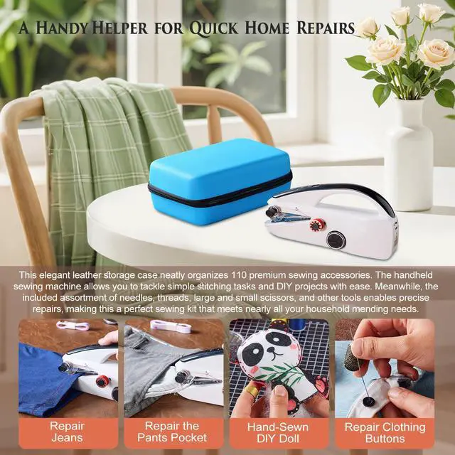 Alt view image 6 of 7 - Handheld Sewing Machine Heavy Duty, with Blue Leather Storage Case and 110-Piece Sewing Kit, Mini Portable, Ideal for Adults & Beginners, Complete Set of Quick Home Clothing Repair Tools, Good Gift