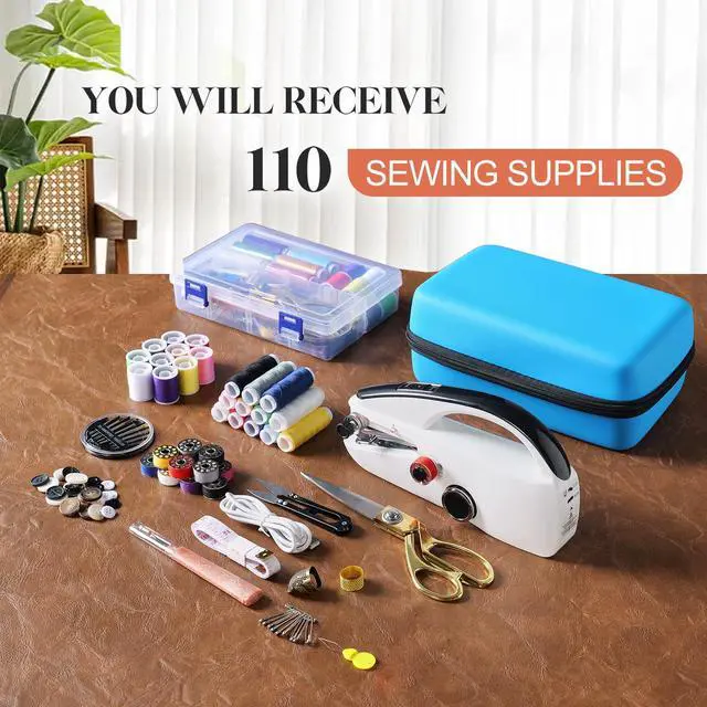 Alt view image 7 of 7 - Handheld Sewing Machine Heavy Duty, with Blue Leather Storage Case and 110-Piece Sewing Kit, Mini Portable, Ideal for Adults & Beginners, Complete Set of Quick Home Clothing Repair Tools, Good Gift