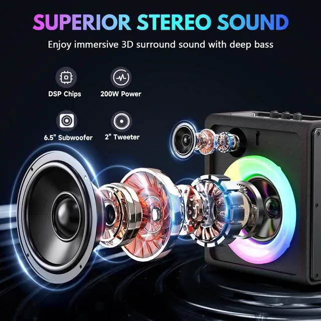 Alt view image 2 of 7 - Karaoke Machine, Portable Bluetooth 5.3 Speaker with 2 Wireless Microphones for Adults, 200W Retro Leather PA System with Pitch Correction, Supports TV/TWS/TF Card/USB/AUX/Live (2MICS)