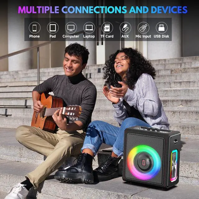 Alt view image 6 of 7 - Karaoke Machine, Portable Bluetooth 5.3 Speaker with 2 Wireless Microphones for Adults, 200W Retro Leather PA System with Pitch Correction, Supports TV/TWS/TF Card/USB/AUX/Live (2MICS)