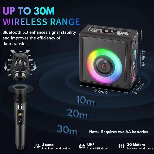 Alt view image 7 of 7 - Karaoke Machine, Portable Bluetooth 5.3 Speaker with 2 Wireless Microphones for Adults, 200W Retro Leather PA System with Pitch Correction, Supports TV/TWS/TF Card/USB/AUX/Live (2MICS)