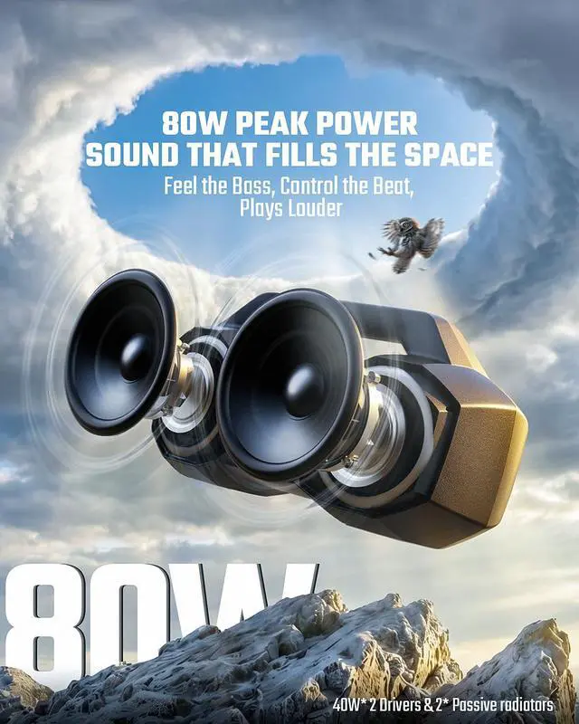 Alt view image 2 of 7 - OZJ Bluetooth Speaker Outdoor Loud: 80W(Peak) with Bass, Portable Wireless Speaker with IPX7 Waterproof, 20H Playtime, RGB Lights, TWS for Outside, Beach, Work (Black)