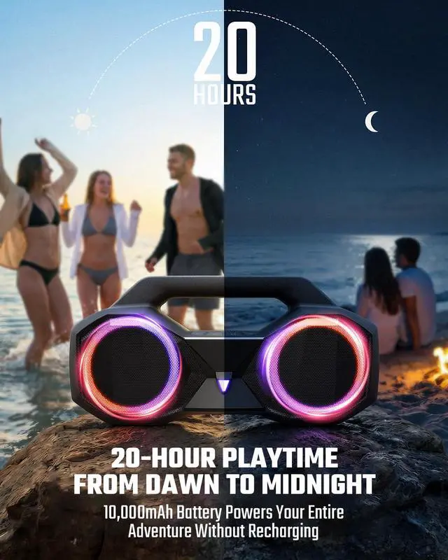 Alt view image 3 of 7 - OZJ Bluetooth Speaker Outdoor Loud: 80W(Peak) with Bass, Portable Wireless Speaker with IPX7 Waterproof, 20H Playtime, RGB Lights, TWS for Outside, Beach, Work (Black)