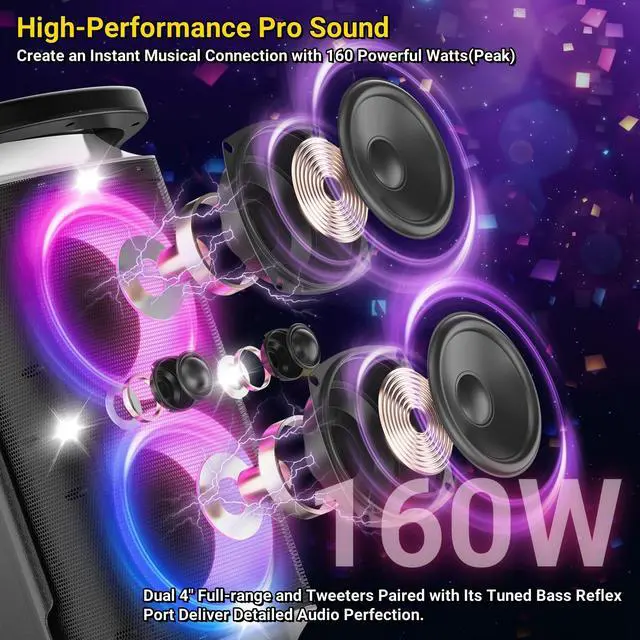 Alt view image 2 of 6 - QxbJoy Portable Bluetooth Speaker: 160W Peak Powerful Loud Sound Deep Bass Wireless Boombox Large Subwoofer 15 Hours Battery Life Fast Charging with Led Light Show for Party Outdoor Camping Backyard