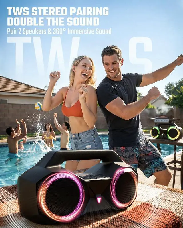 Alt view image 6 of 7 - OZJ Bluetooth Speaker Outdoor Loud: 80W(Peak) with Bass, Portable Wireless Speaker with IPX7 Waterproof, 20H Playtime, RGB Lights, TWS for Outside, Beach, Work (Black)
