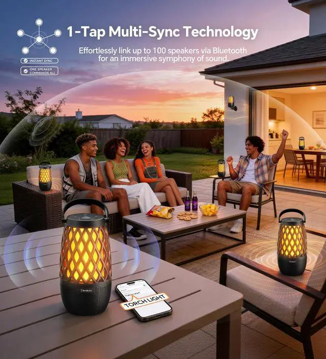 Alt view image 4 of 7 - Outdoor Speakers Gifts for Men Bluetooth Speaker with Lights Multi-Sync up to 100 Speakers Auto-Pairing HD Stereo Sound Cool Stuff House Warming Gifts IPX5 Waterproof Lantern for Camp|Patio|Pool|Yard