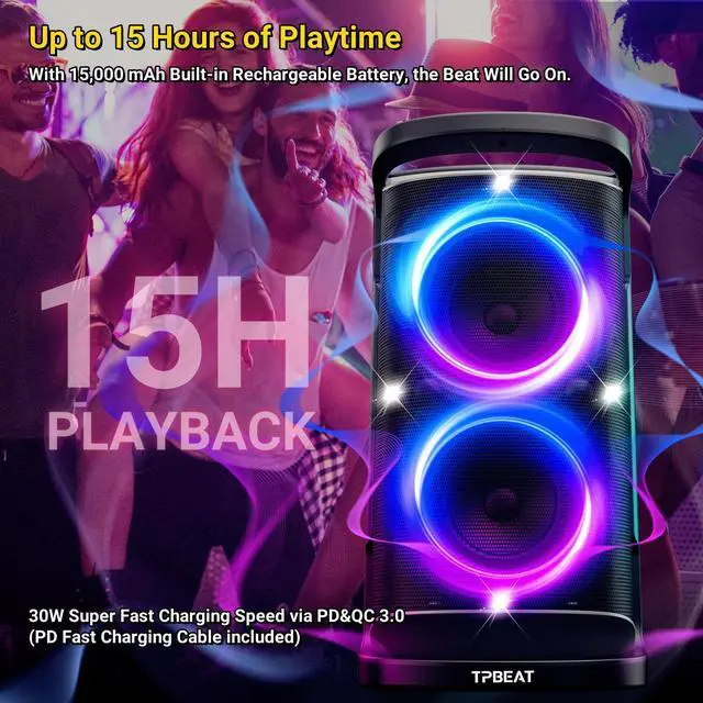 Alt view image 5 of 6 - QxbJoy Portable Bluetooth Speaker: 160W Peak Powerful Loud Sound Deep Bass Wireless Boombox Large Subwoofer 15 Hours Battery Life Fast Charging with Led Light Show for Party Outdoor Camping Backyard