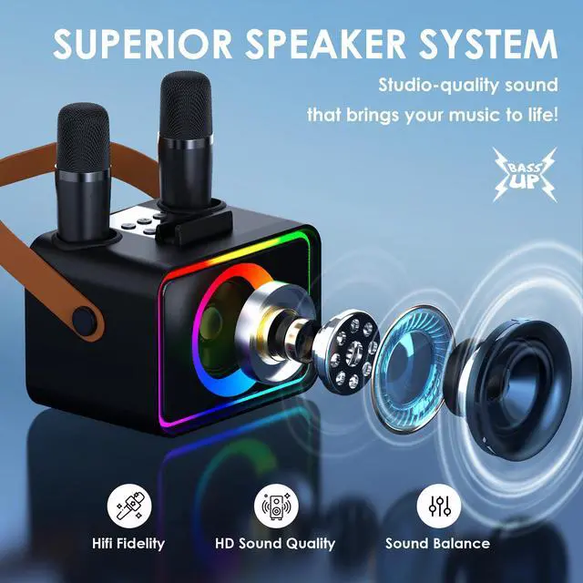 Alt view image 2 of 7 - Karaoke Machine for Kids Adults,Portable Bluetooth Speaker with 2 Wireless Microphone with LED Lights, Karaoke Microphone with PA System Supports USB/TF/AUX,Gift for Party (Black)