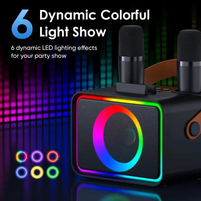 Alt view image 4 of 7 - Karaoke Machine for Kids Adults,Portable Bluetooth Speaker with 2 Wireless Microphone with LED Lights, Karaoke Microphone with PA System Supports USB/TF/AUX,Gift for Party (Black)