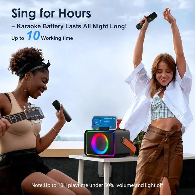 Alt view image 7 of 7 - Karaoke Machine for Kids Adults,Portable Bluetooth Speaker with 2 Wireless Microphone with LED Lights, Karaoke Microphone with PA System Supports USB/TF/AUX,Gift for Party (Black)