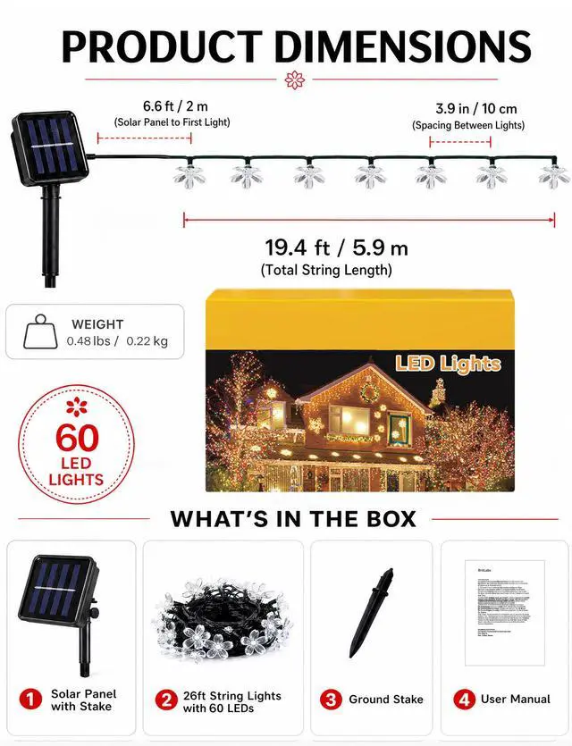 Alt view image 3 of 7 - 60 LED Flower Solar String Lights Outdoor Waterproof Fairy Lights | 26FT 8 Modes Memory Function Outdoor Lights for Garden Fence Patio Yard Christmas Tree Party Decor Multicolor
