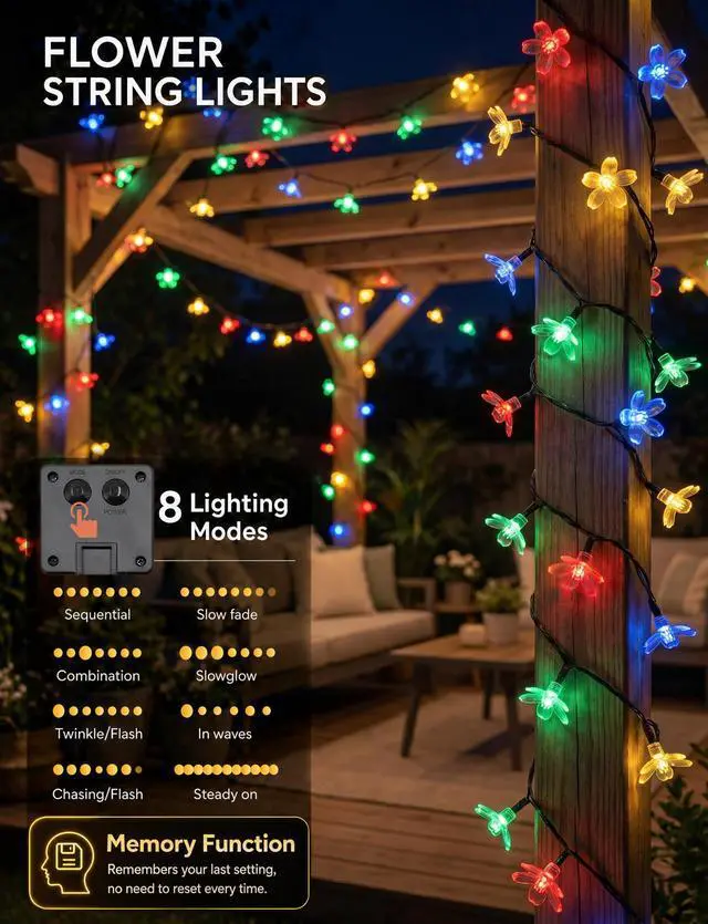 Alt view image 4 of 7 - 60 LED Flower Solar String Lights Outdoor Waterproof Fairy Lights | 26FT 8 Modes Memory Function Outdoor Lights for Garden Fence Patio Yard Christmas Tree Party Decor Multicolor