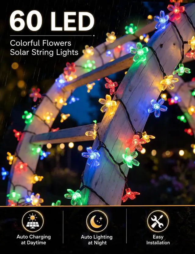 Alt view image 6 of 7 - 60 LED Flower Solar String Lights Outdoor Waterproof Fairy Lights | 26FT 8 Modes Memory Function Outdoor Lights for Garden Fence Patio Yard Christmas Tree Party Decor Multicolor