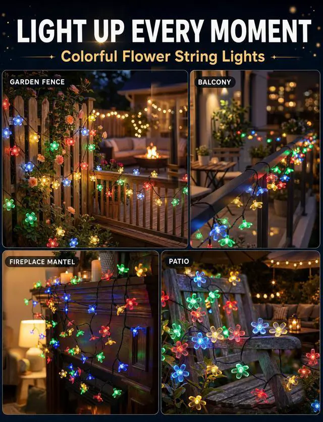 Alt view image 7 of 7 - 60 LED Flower Solar String Lights Outdoor Waterproof Fairy Lights | 26FT 8 Modes Memory Function Outdoor Lights for Garden Fence Patio Yard Christmas Tree Party Decor Multicolor