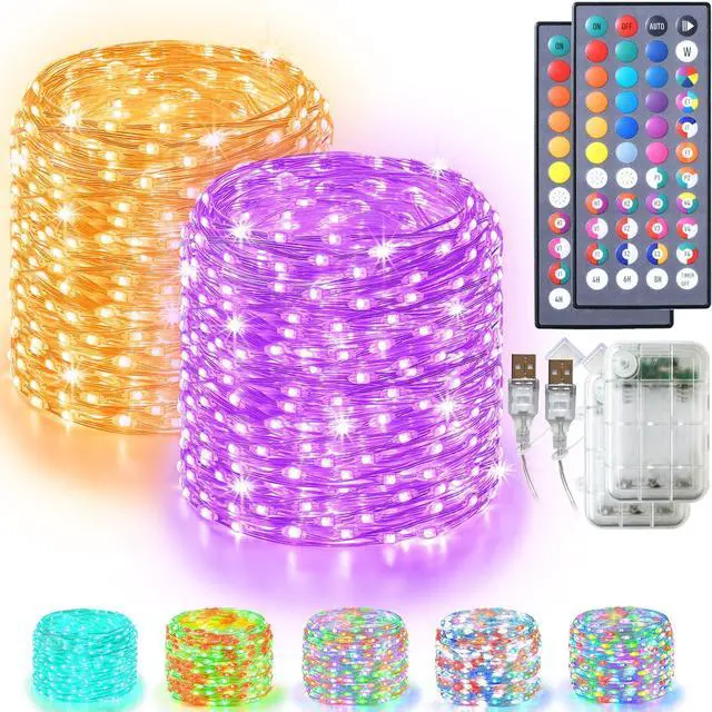 Main image of Lovelite Fairy Lights 34 Colors Changing, 2 Pack Total 66FT 200LED Christmas String Lights Battery Operated USB Plug in, Waterproof Twinkle Lights with Remote for Indoor Outdoor Xmas Wedding Party