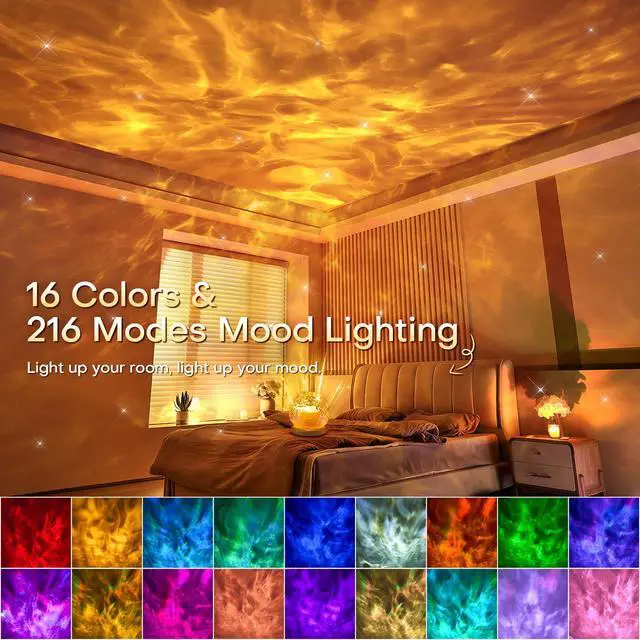 Alt view image 2 of 7 - Ambient Lighting, 16 Colors Led Lights for Bedroom, Gift Ideas, Room Decor | 3-in-1 Sunset/Ocean/Northern Patterns, Remote, 6 Brightness, 1 Hr Timer, Made of Glass & Wood, for Bedroom, Bathroom, Dorm