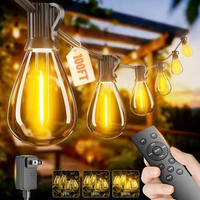 Main image of 100FT Outdoor String Lights with Remote & Dimmable, 35+1 Shatterproof Waterproof Bulbs, Dimmable Outside Hanging Patio Lights for Backyard, Porch, Deck, Garden 2700K Warm White