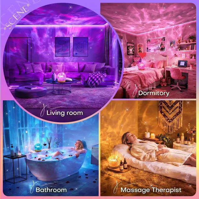 Alt view image 3 of 7 - Ambient Lighting, 16 Colors Led Lights for Bedroom, Gift Ideas, Room Decor | 3-in-1 Sunset/Ocean/Northern Patterns, Remote, 6 Brightness, 1 Hr Timer, Made of Glass & Wood, for Bedroom, Bathroom, Dorm