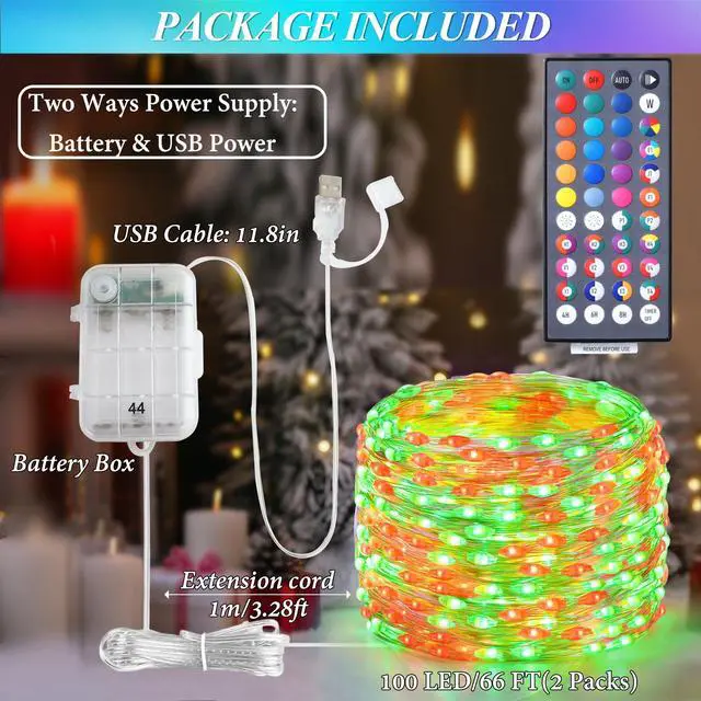 Alt view image 4 of 7 - Lovelite Fairy Lights 34 Colors Changing, 2 Pack Total 66FT 200LED Christmas String Lights Battery Operated USB Plug in, Waterproof Twinkle Lights with Remote for Indoor Outdoor Xmas Wedding Party