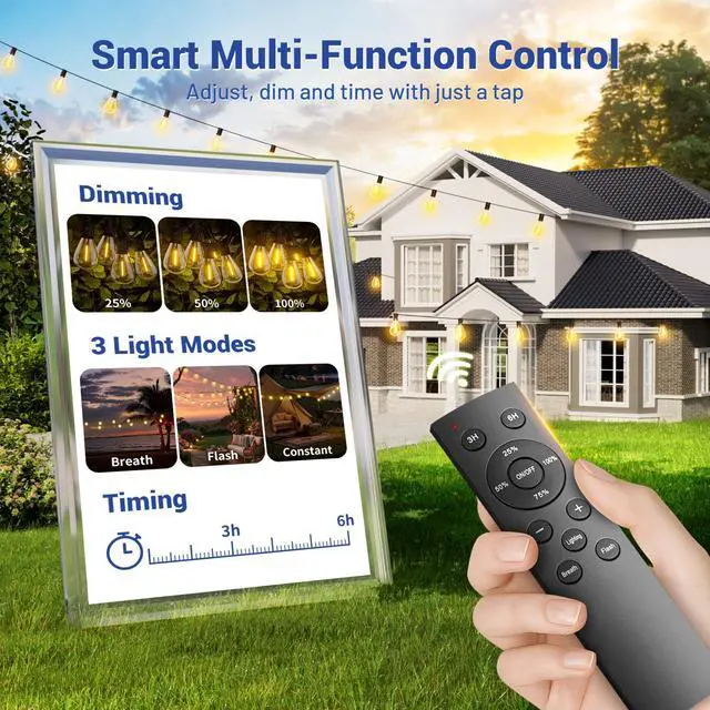 Alt view image 2 of 7 - 100FT Outdoor String Lights with Remote & Dimmable, 35+1 Shatterproof Waterproof Bulbs, Dimmable Outside Hanging Patio Lights for Backyard, Porch, Deck, Garden 2700K Warm White