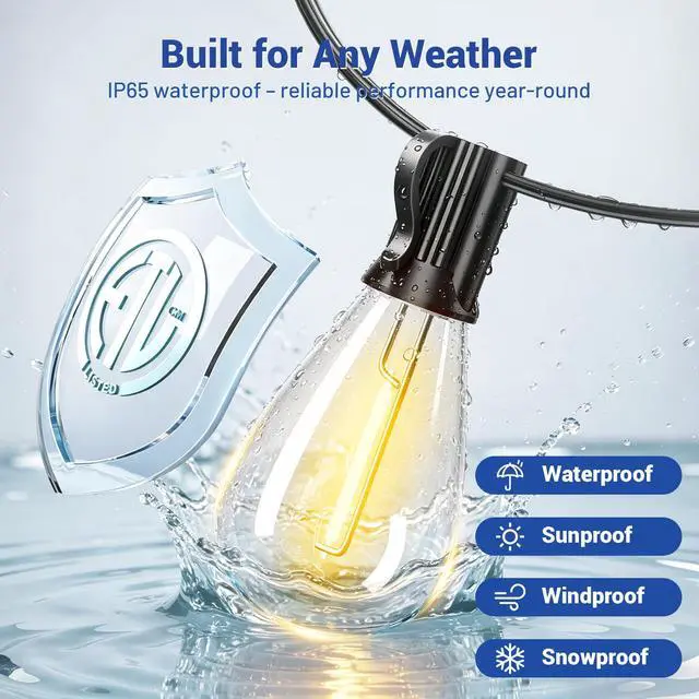 Alt view image 3 of 7 - 100FT Outdoor String Lights with Remote & Dimmable, 35+1 Shatterproof Waterproof Bulbs, Dimmable Outside Hanging Patio Lights for Backyard, Porch, Deck, Garden 2700K Warm White