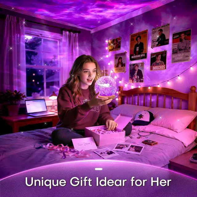 Alt view image 6 of 7 - Ambient Lighting, 16 Colors Led Lights for Bedroom, Gift Ideas, Room Decor | 3-in-1 Sunset/Ocean/Northern Patterns, Remote, 6 Brightness, 1 Hr Timer, Made of Glass & Wood, for Bedroom, Bathroom, Dorm