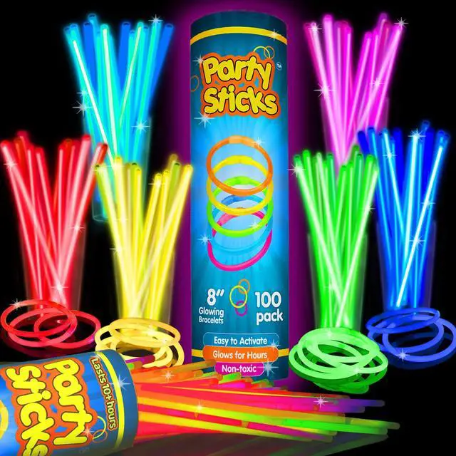 Main image of PartySticks Glow Sticks Party Supplies 100pk - 8 Inch Glow in the Dark Light Up Sticks Party Favors, Glow Party Decorations, Neon Party Glow Necklaces and Glow Bracelets with Connectors