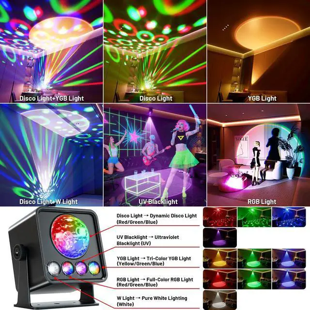 Alt view image 2 of 6 - Disco Ball Party Lights Disco Light Sunset Lamp Projector with RGB+UV+White+YGB Sound Activated LED DJ Strobe Stage Light for Home Parties Living Room/Christmas/Halloween/Birthday/Wall/Décor
