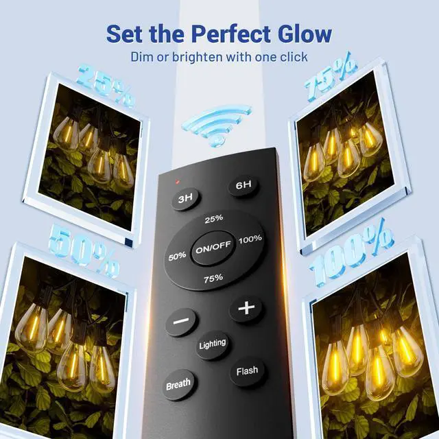 Alt view image 5 of 7 - 100FT Outdoor String Lights with Remote & Dimmable, 35+1 Shatterproof Waterproof Bulbs, Dimmable Outside Hanging Patio Lights for Backyard, Porch, Deck, Garden 2700K Warm White