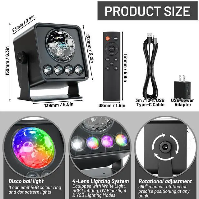 Alt view image 4 of 7 - 2-Pack Sunset Lamp Disco Ball Party Lights - Sound Activated LED Strobe & Stage Lights for Home Parties, Weddings, Bars, Clubs, Karaoke, Halloween, Christmas & Wall Décor (Enhanced Dual Lighting Set)