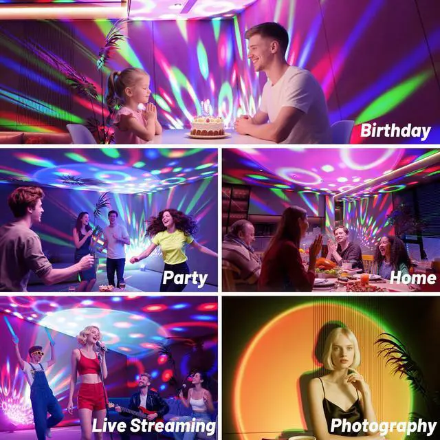 Alt view image 3 of 6 - Disco Ball Party Lights Disco Light Sunset Lamp Projector with RGB+UV+White+YGB Sound Activated LED DJ Strobe Stage Light for Home Parties Living Room/Christmas/Halloween/Birthday/Wall/Décor