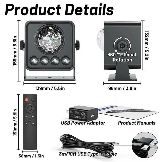 Alt view image 4 of 6 - Disco Ball Party Lights Disco Light Sunset Lamp Projector with RGB+UV+White+YGB Sound Activated LED DJ Strobe Stage Light for Home Parties Living Room/Christmas/Halloween/Birthday/Wall/Décor