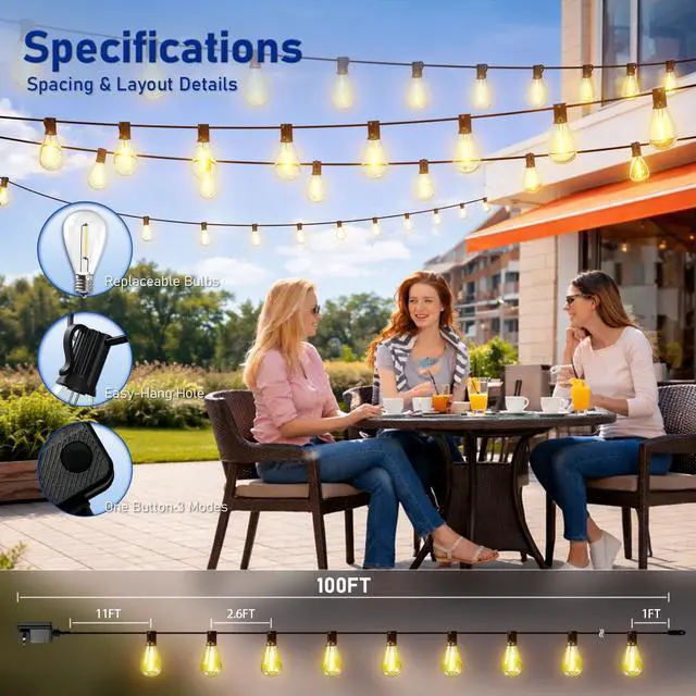 Alt view image 7 of 7 - 100FT Outdoor String Lights with Remote & Dimmable, 35+1 Shatterproof Waterproof Bulbs, Dimmable Outside Hanging Patio Lights for Backyard, Porch, Deck, Garden 2700K Warm White