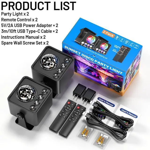 Alt view image 6 of 7 - 2-Pack Sunset Lamp Disco Ball Party Lights - Sound Activated LED Strobe & Stage Lights for Home Parties, Weddings, Bars, Clubs, Karaoke, Halloween, Christmas & Wall Décor (Enhanced Dual Lighting Set)