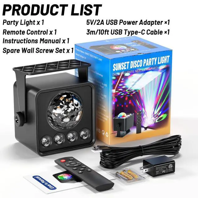 Alt view image 6 of 6 - Disco Ball Party Lights Disco Light Sunset Lamp Projector with RGB+UV+White+YGB Sound Activated LED DJ Strobe Stage Light for Home Parties Living Room/Christmas/Halloween/Birthday/Wall/Décor