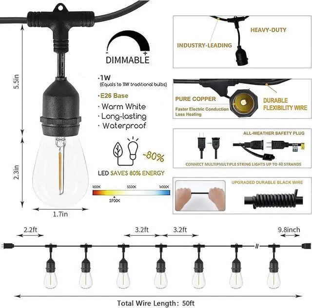 Alt view image 6 of 7 - Svater Outdoor String Lights Led, 105FT Commercial Grade Patio Lights with 1W Dimmable S14 Shatterproof Bulbs, Warm White and Weatherproof Strand - UL Listed Heavy-Duty Café Lights, Market Lights | Pa