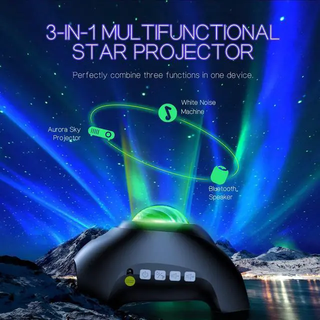 Alt view image 2 of 7 - Northern Galaxy Light Aurora Projector with 33 Light Effects, Night Lights LED Star Projector for Bedroom Nebula Lamp, Remote Control, White Noises, Bluetooth Speaker for Parties Black