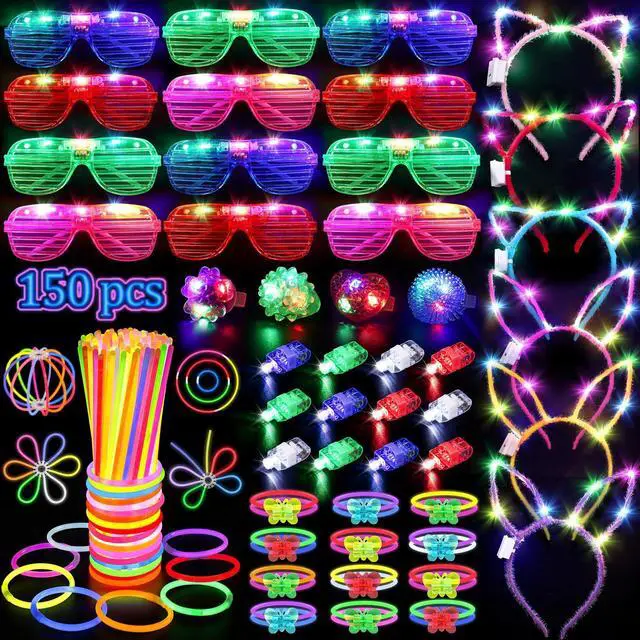 Main image of TSDATOWR 150Pcs Glow in the Dark Party Supplies for Kids and Adults | 100 Glow Sticks, Light Up Glasses, Headbands, Rings, DIY Necklaces and Bracelets for Birthday, Halloween, Neon Party Fun