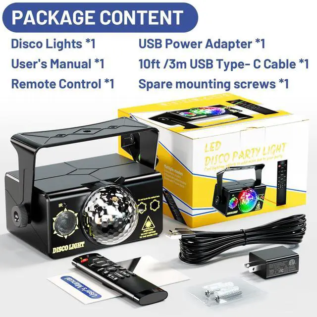 Alt view image 6 of 6 - Party Lights DJ Disco Ball & LED Stage Strobe Light with Sound-Activated 10ft USB-C Cable,Remote,Disco Lights for Parties Indoor Use,Birthday,Dance,Clubs,Bar,Living Room,Weddings, Holidays Décor