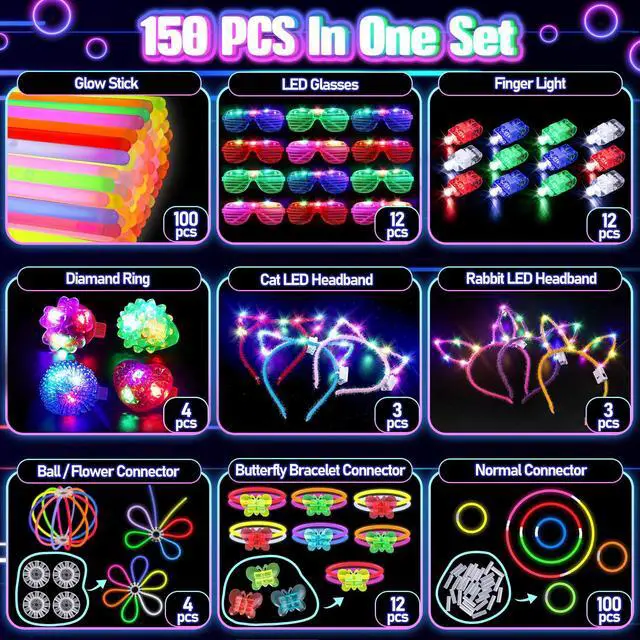 Alt view image 2 of 7 - TSDATOWR 150Pcs Glow in the Dark Party Supplies for Kids and Adults | 100 Glow Sticks, Light Up Glasses, Headbands, Rings, DIY Necklaces and Bracelets for Birthday, Halloween, Neon Party Fun