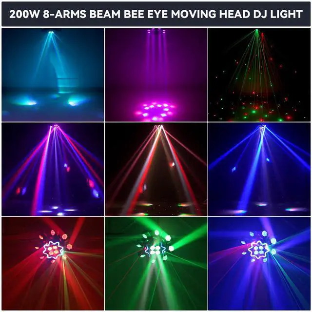 Alt view image 2 of 7 - 200W 8-Arm Bee Eye Moving Head Stage Light for DJ Party | Remote & DMX512, Sound Activated, Red/Green Starry, White & Amber Strobe. For Wedding, Disco, Club, Bar, Events.