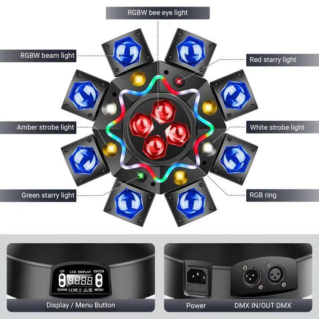 Alt view image 3 of 7 - 200W 8-Arm Bee Eye Moving Head Stage Light for DJ Party | Remote & DMX512, Sound Activated, Red/Green Starry, White & Amber Strobe. For Wedding, Disco, Club, Bar, Events.