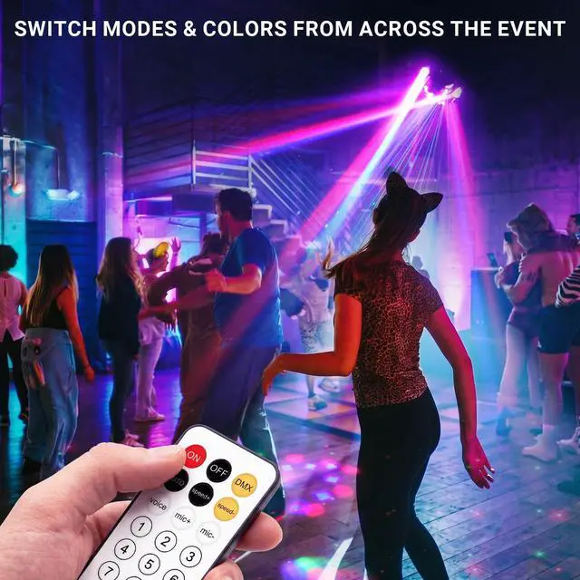 Alt view image 4 of 7 - 200W 8-Arm Bee Eye Moving Head Stage Light for DJ Party | Remote & DMX512, Sound Activated, Red/Green Starry, White & Amber Strobe. For Wedding, Disco, Club, Bar, Events.