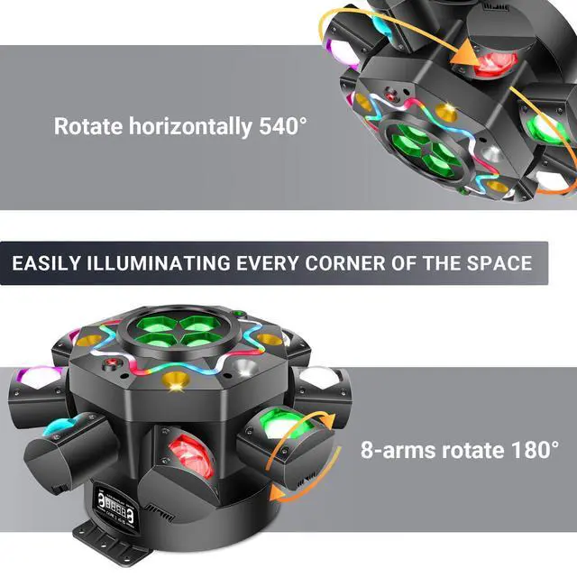 Alt view image 5 of 7 - 200W 8-Arm Bee Eye Moving Head Stage Light for DJ Party | Remote & DMX512, Sound Activated, Red/Green Starry, White & Amber Strobe. For Wedding, Disco, Club, Bar, Events.