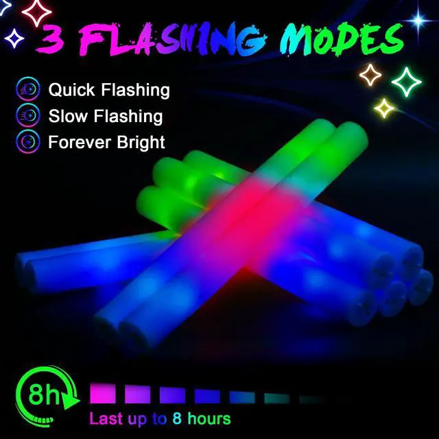 Alt view image 5 of 7 - wellent 64 Pack Foam Glow Sticks, Bulk LED Foam Sticks, Foam Light Up Sticks with 3 Mode Colorful Flashing, Glow Party Supplies, Glow Sticks Bulk Party Pack for Wedding, Birthday, Concert, Halloween